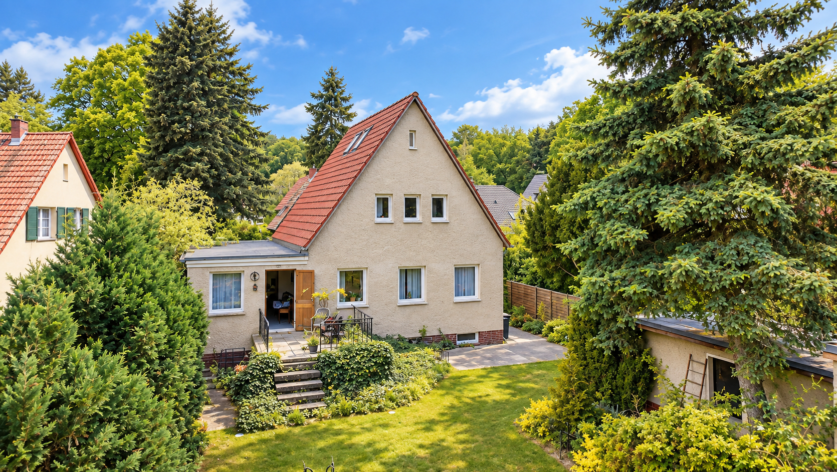 Drohnenbild mit Blick auf das Haus